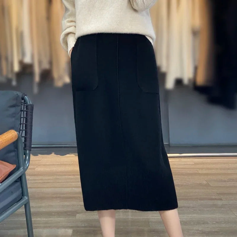 Women Ribbed Knit Midi Skirt High Waist Pocket Detail Straight Skirt