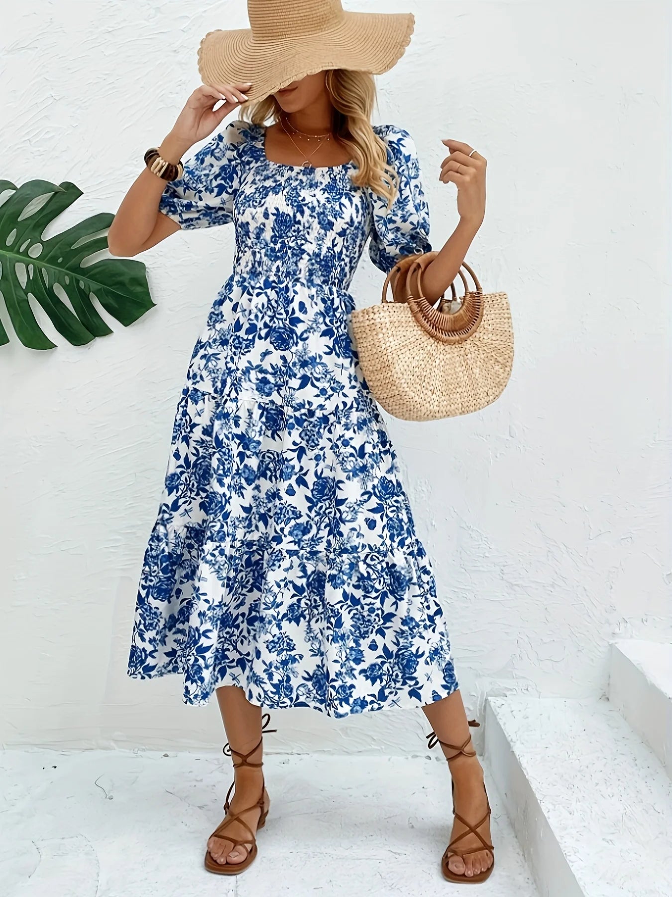 Women’s Blue Floral Midi Dress | Vintage Puff Sleeve Smocked Summer Dress for Vacations & Garden Parties