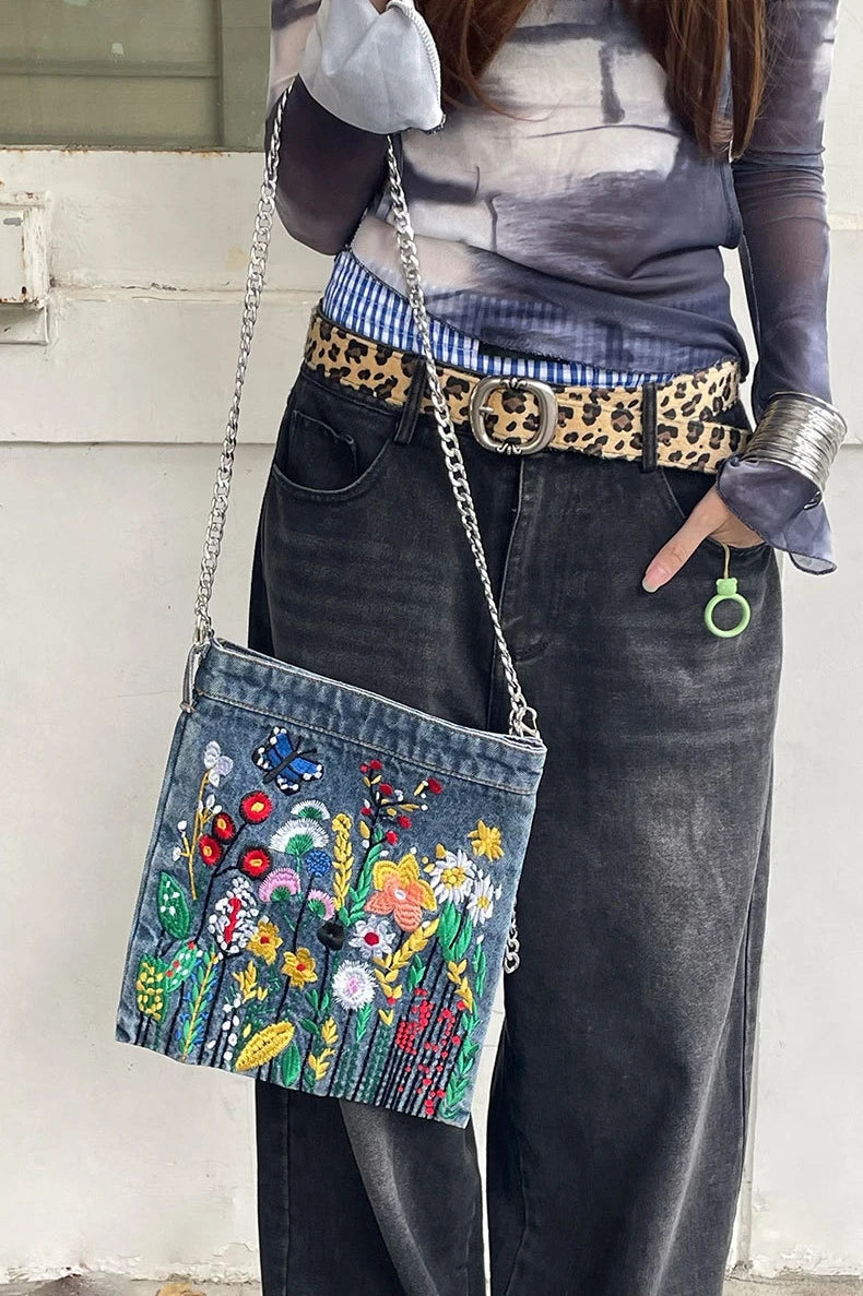 Embroidered Denim Shoulder Bag for Women | Floral Chain Crossbody Purse | Vintage Casual Handbag | Trendy Everyday Tote