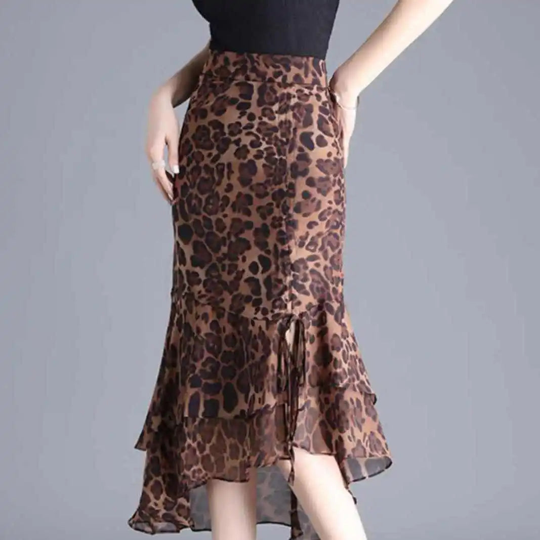 Women Leopard Print Ruffle Midi Skirt High Waist Ruched Mermaid Skirt