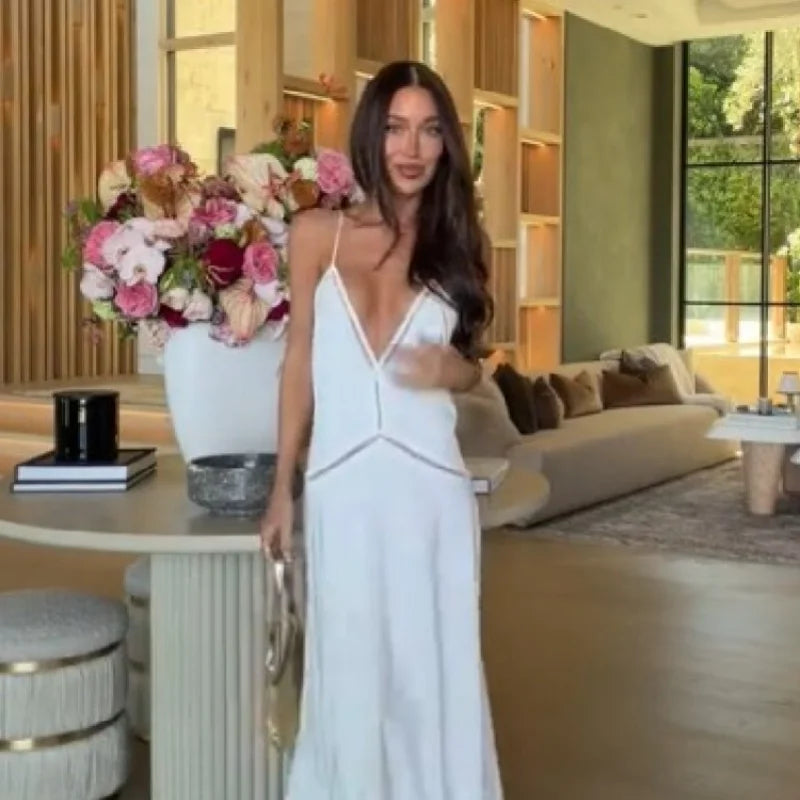 Women’s White Backless Satin Maxi Dress | Deep V-Neck Strappy Evening Gown for Weddings, Vacations & Resort Wear