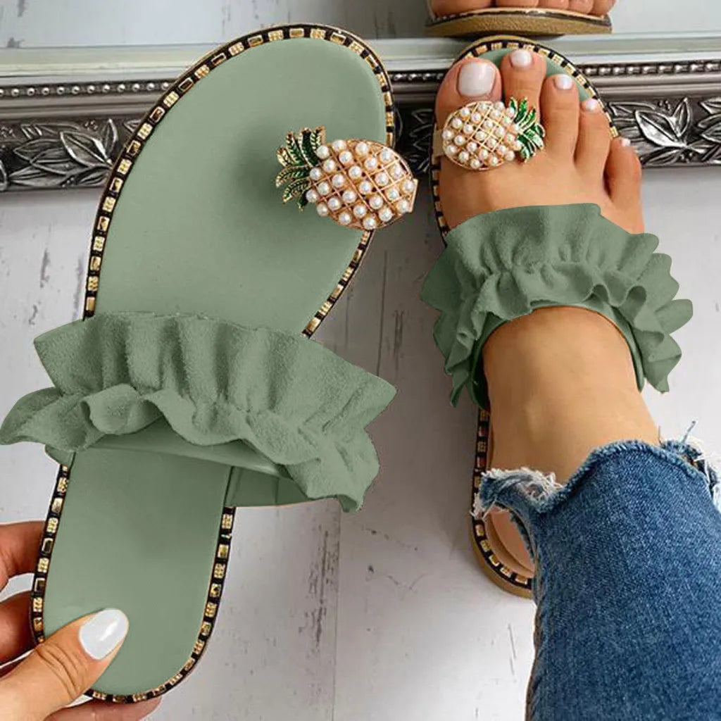 Women’s Ruffle Toe Ring Flat Sandals – Pearl Pineapple Slip-On Beach Slides for Summer, Vacation & Casual Wear
