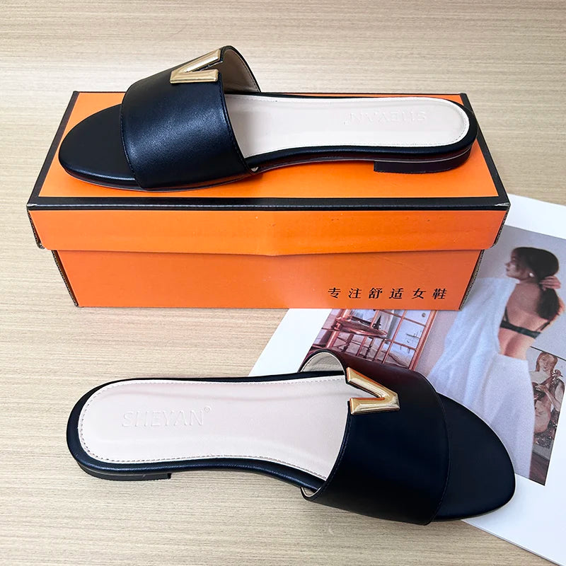 Women’s Minimalist V Metal Slide Sandals – Elegant Flat Slip-On Summer Slides for Casual, Vacation & Everyday Wear