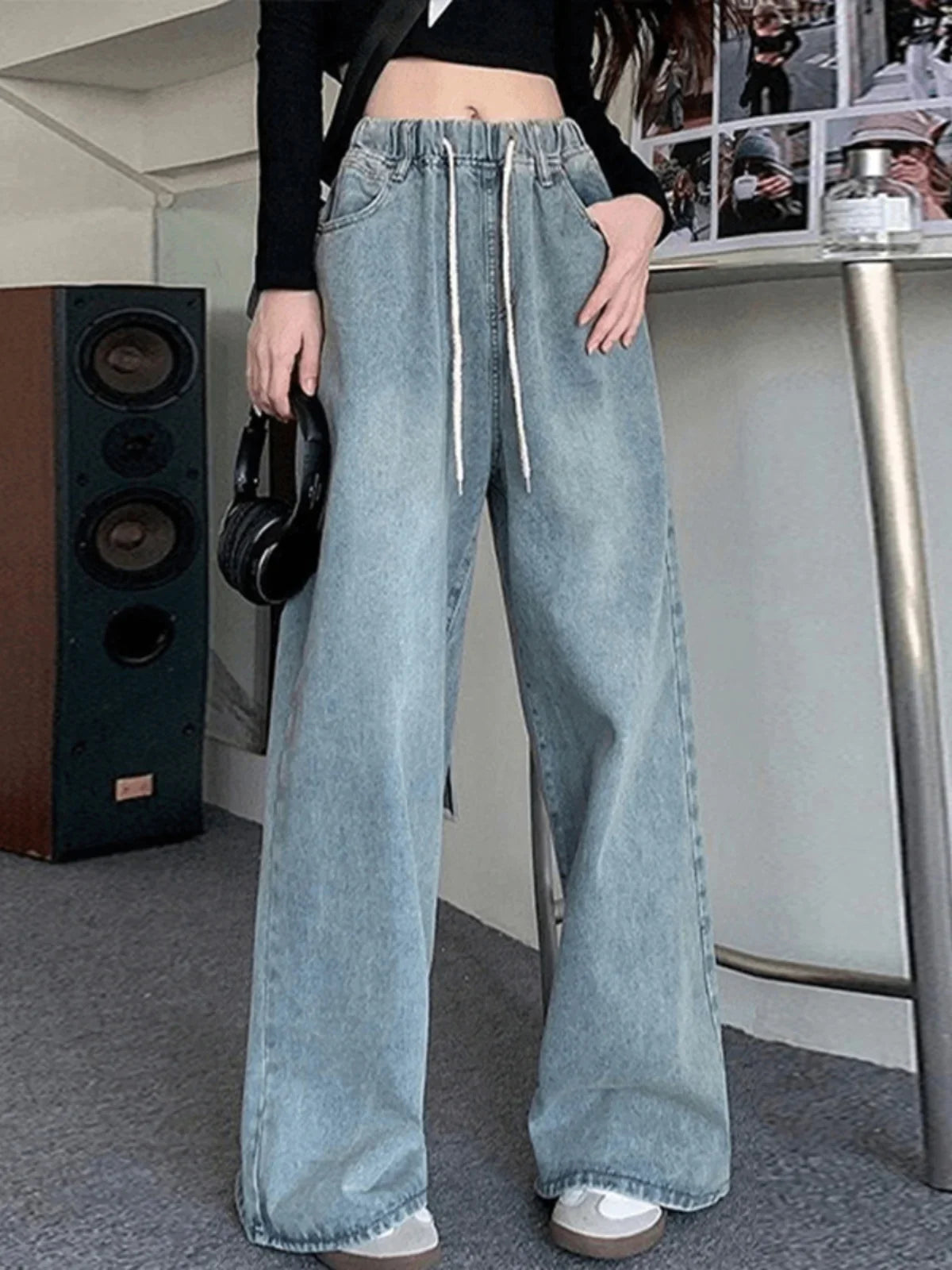 Women Baggy Wide Leg Jeans High Waist Drawstring Denim Trousers