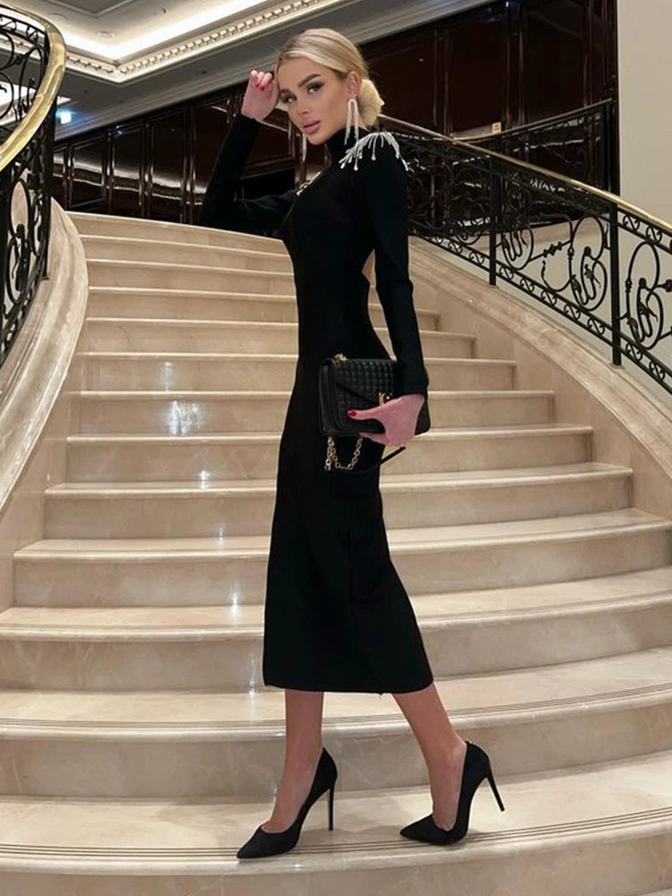 Black Elegant Maxi Dress Women | High Neck Slit Evening Dress