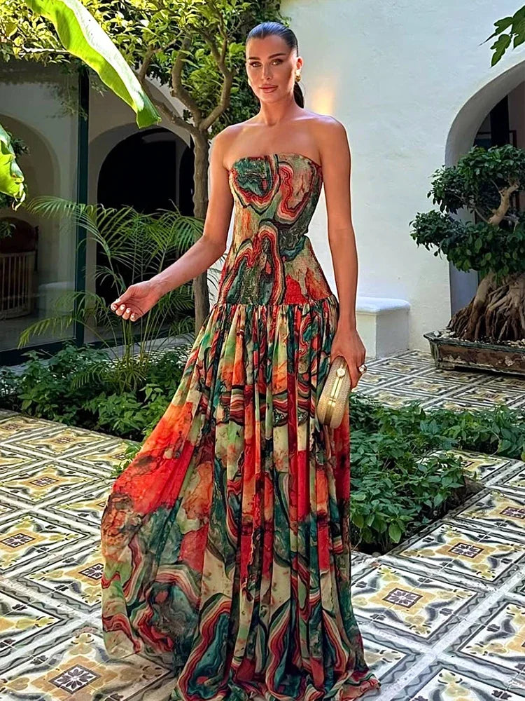 Women’s Strapless Abstract Print Maxi Dress | Bohemian Smocked Resort Gown for Vacations, Beach Weddings & Summer Events
