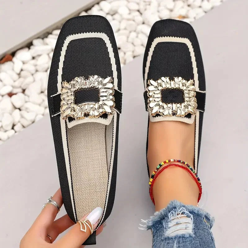 Women’s Embellished Loafer Flats – Elegant Square Toe Slip-On Shoes for Casual, Office & Party Wear