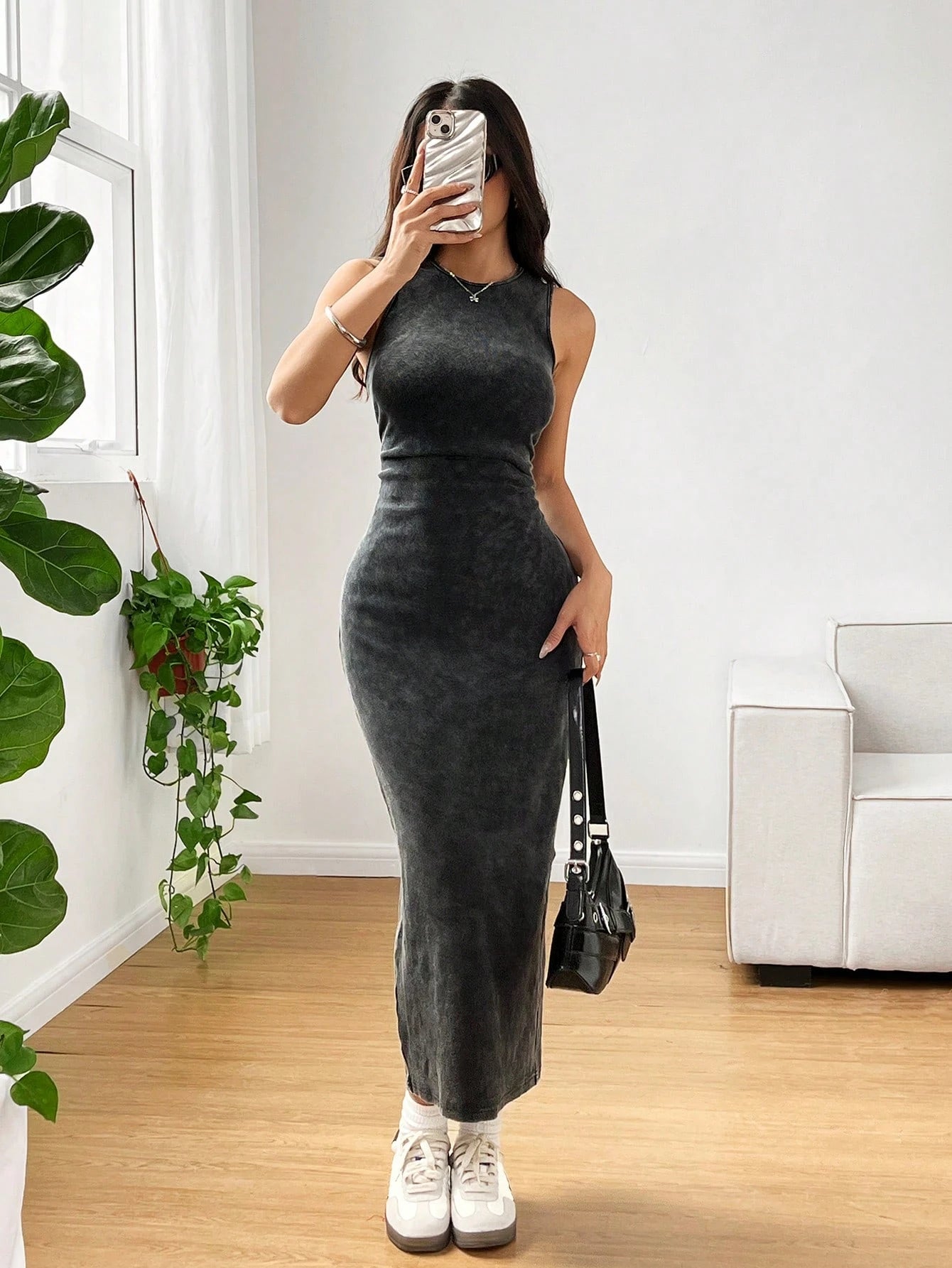 Washed Black Bodycon Midi Dress | Casual Street Style Dress