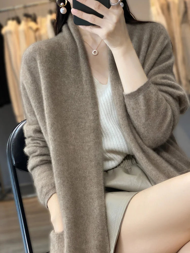 Women’s Long Brown Knit Cardigan Coat | Minimalist Open Front Cozy Sweater Jacket
