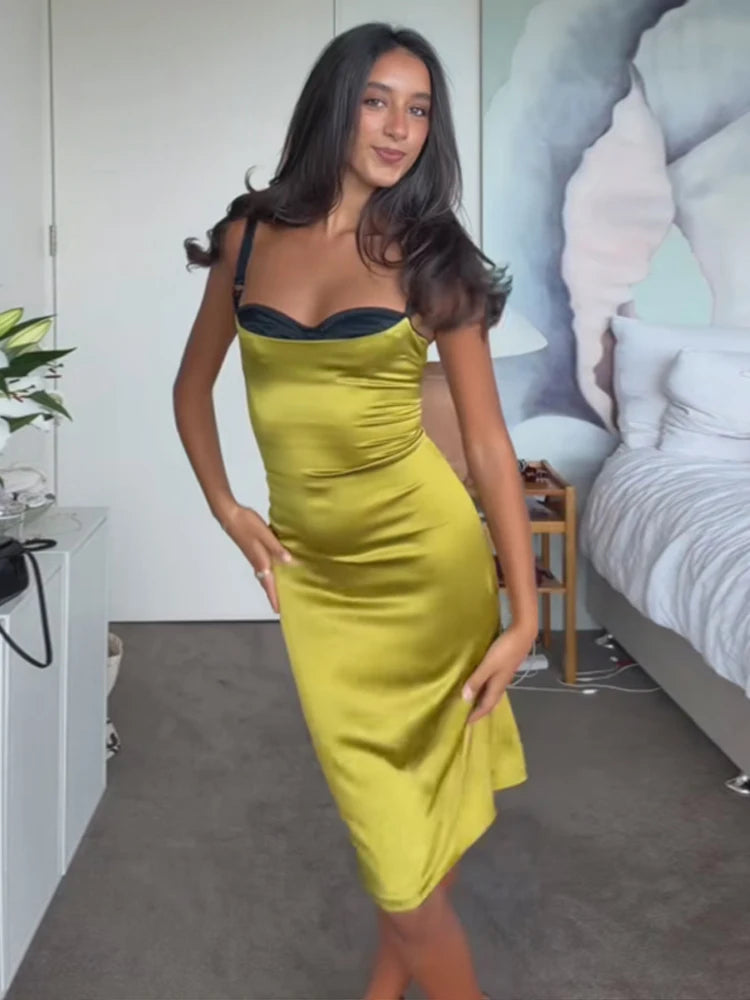 Women’s Olive Green Satin Midi Dress | Vintage Contrast Bust Slip Dress for Date Night & Cocktail Parties