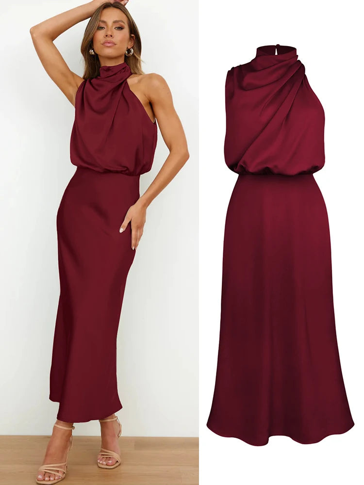 High Neck Satin Maxi Dress Women | Sleeveless Elegant Evening Dress