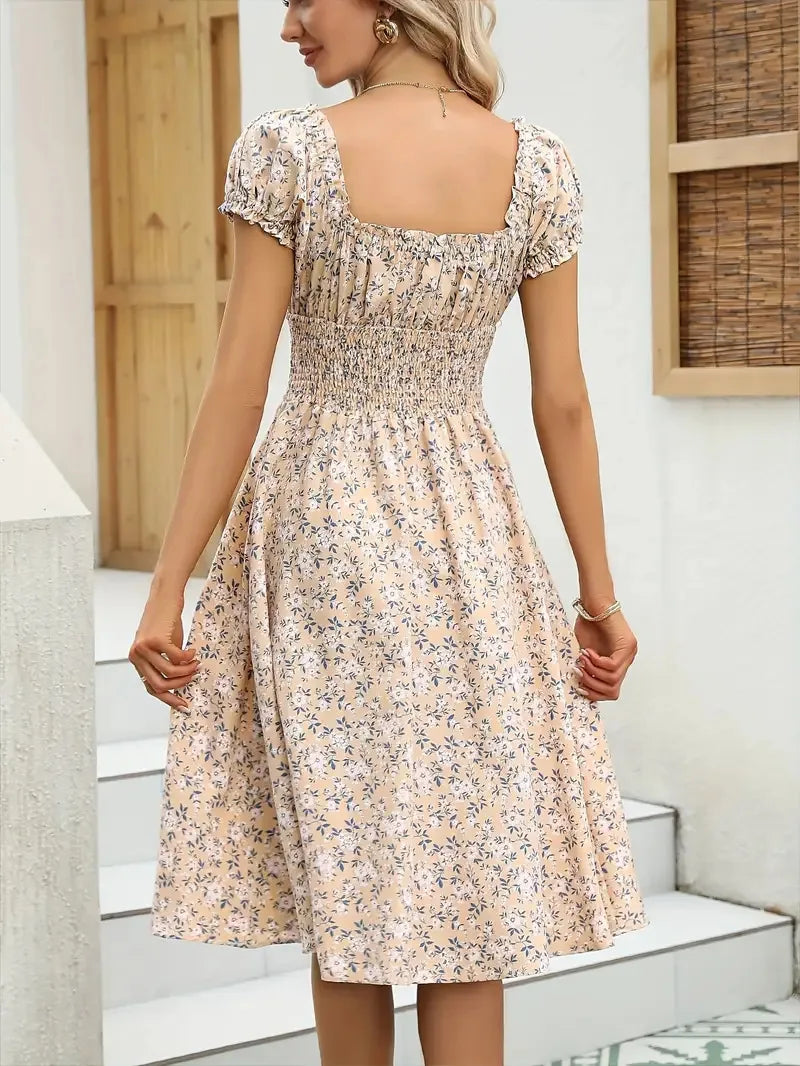 Women’s Floral Smocked Midi Dress | Romantic Puff Sleeve Cottagecore Summer Dress for Brunch & Vacation Wear