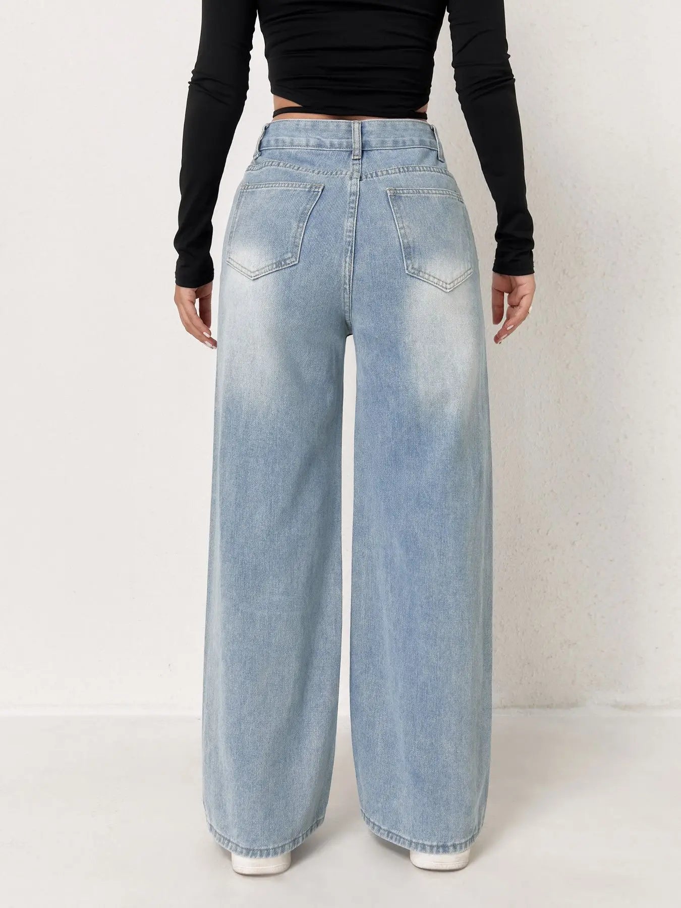 Women High Waist Wide Leg Jeans Minimalist Loose Fit Denim Trousers