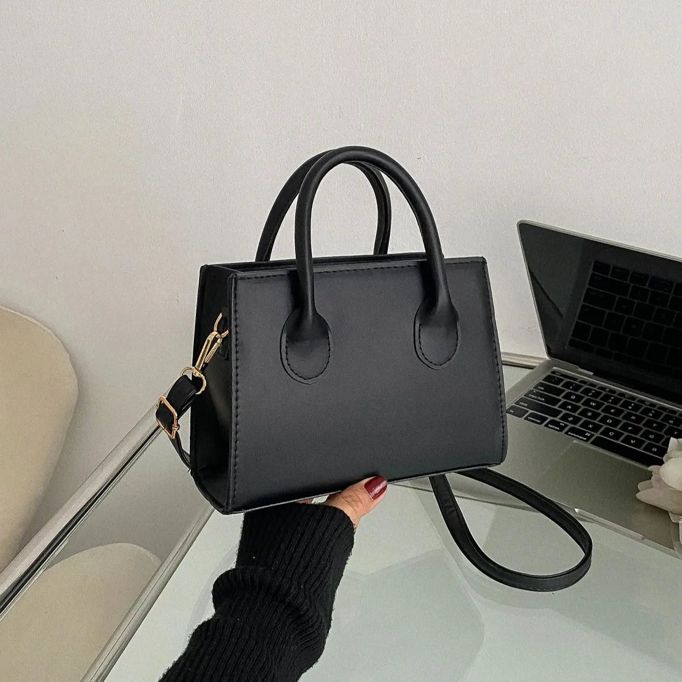 Black Mini Top Handle Handbag for Women | Structured Crossbody Satchel Purse | Elegant Leather Shoulder Bag