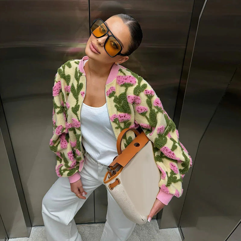 Women’s Floral Textured Bomber Jacket | Oversized Cozy Teddy Zip-Up Statement Coat