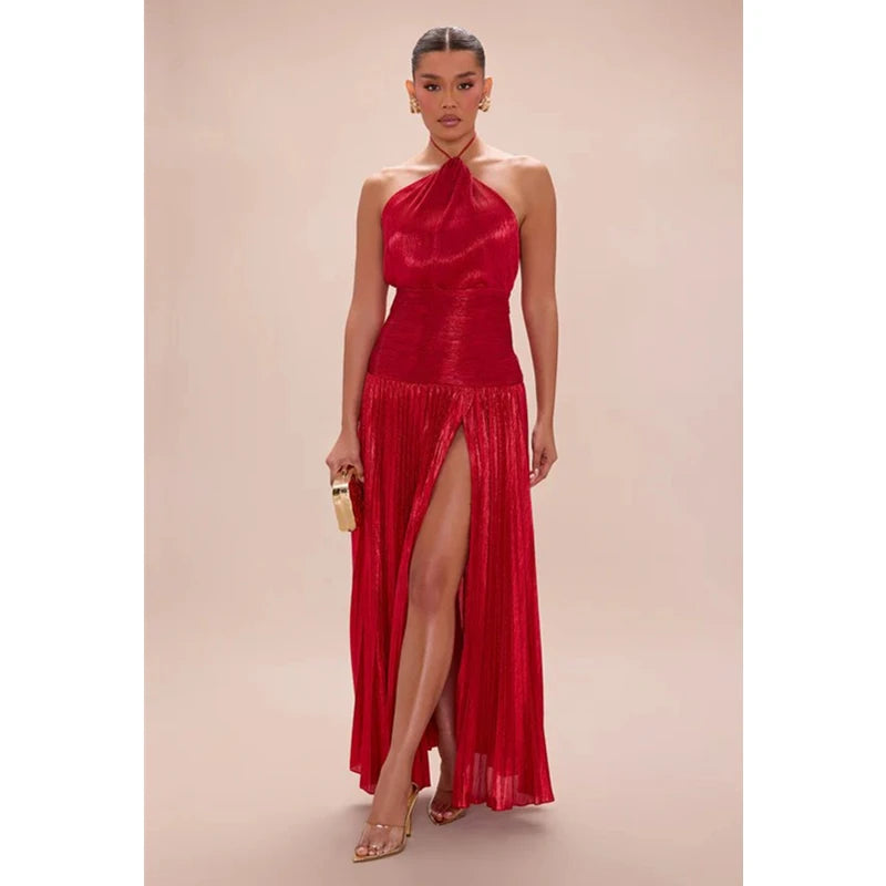 Halter Neck Pleated Maxi Dress Women | High Split Evening Party Dress