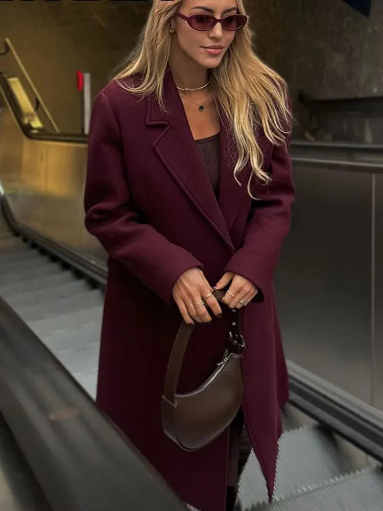 Burgundy Long Wool Coat | Double Breasted Winter Coat
