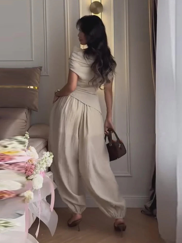 Women's Off Shoulder Draped Top & Wide Leg Trousers Co-Ord Set | Elegant Resort Two Piece Outfit