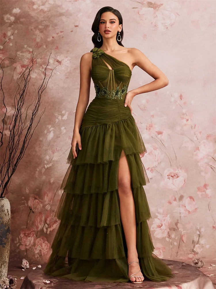 Women’s Olive Green One Shoulder Tiered Tulle Evening Gown | Beaded Waist Formal Maxi Dress with High Slit for Prom, Galas & Weddings