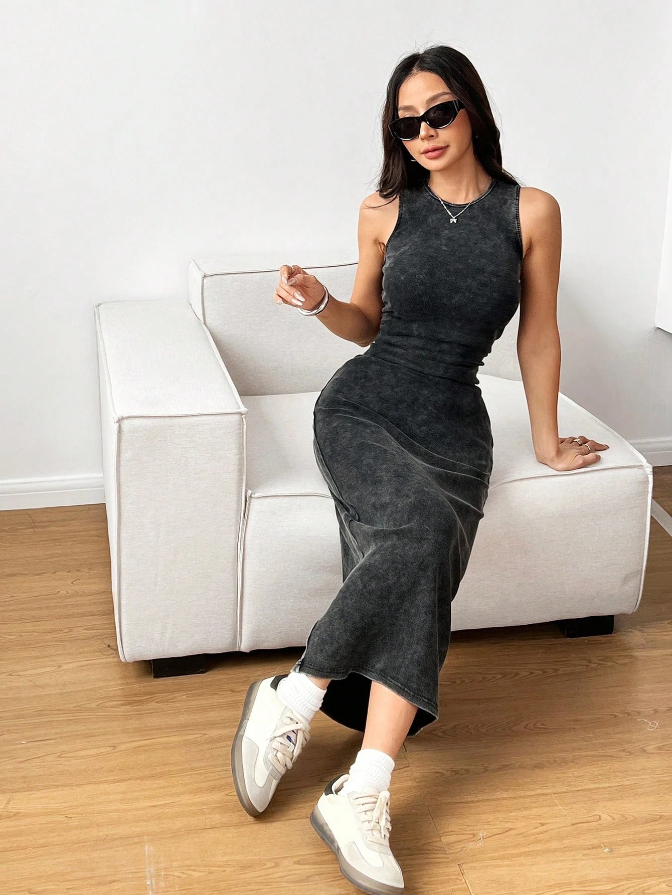 Washed Black Bodycon Midi Dress | Casual Street Style Dress