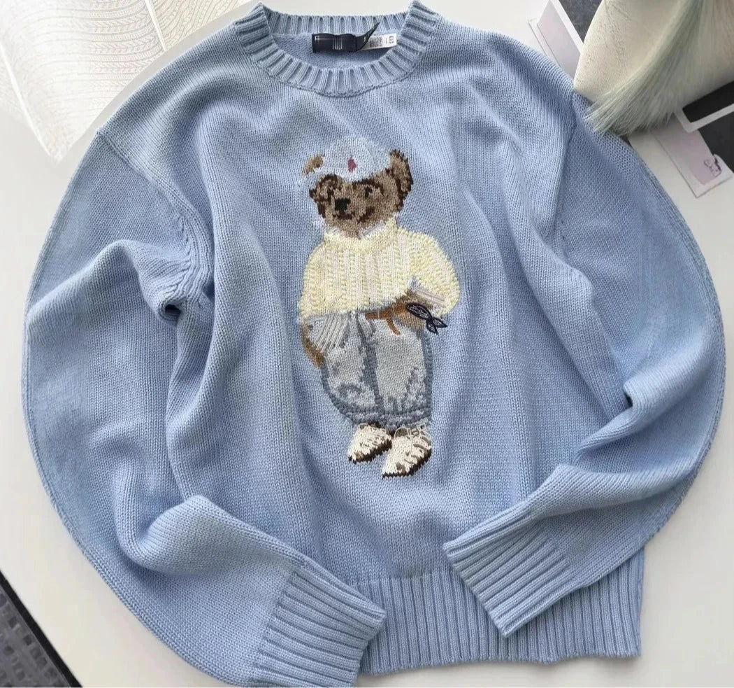 Women’s Baby Blue Teddy Bear Knit Sweater | Cute Oversized Crew Neck Pullover for Winter, Casual Wear & Cozy Outfits