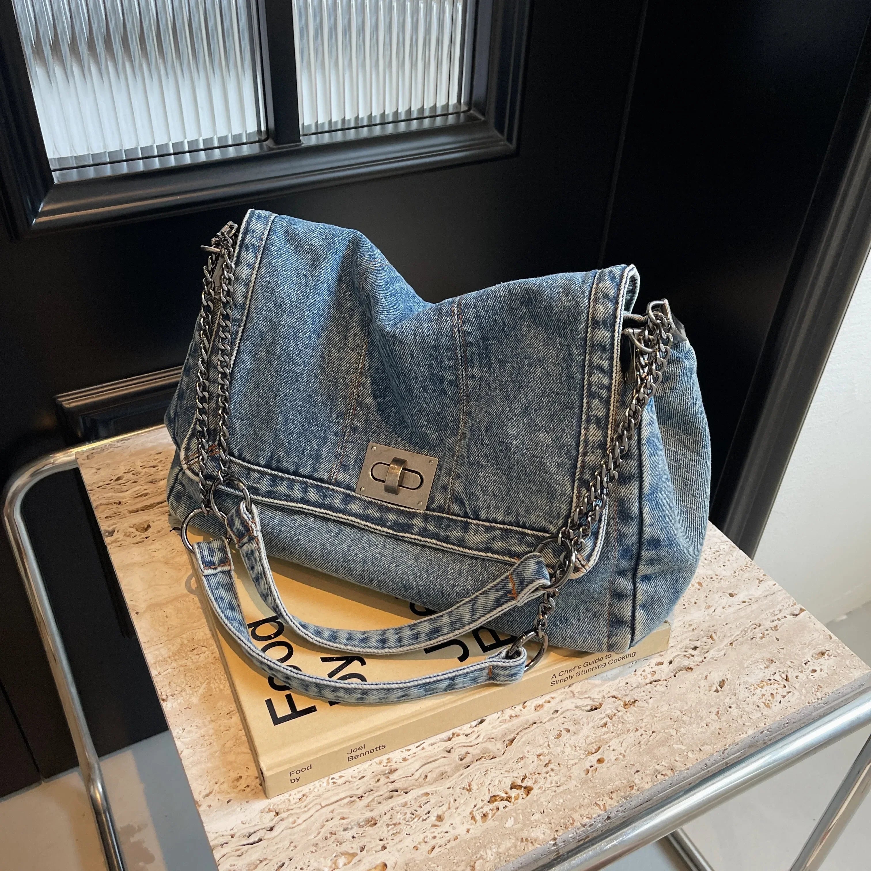 Denim Shoulder Bag for Women | Trendy Chain Handbag | Casual Y2K Hobo Purse | Fashion Everyday Tote