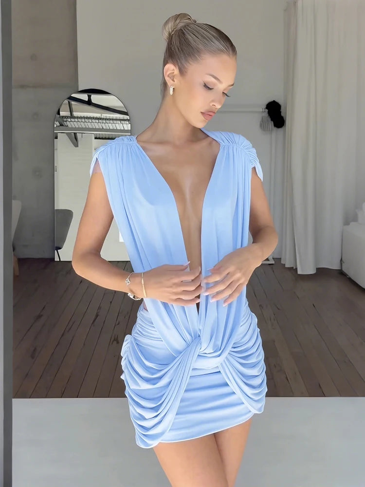 Ruched Bodycon Mini Dress Women | Deep V Neck Cut Out Party Dress