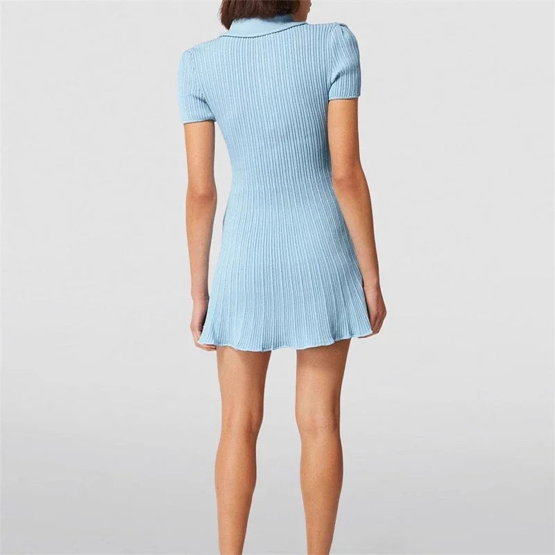 Women’s Light Blue Ribbed Knit Mini Dress | Vintage Collared A-Line Dress with Pearl Buttons for Elegant Everyday Wear