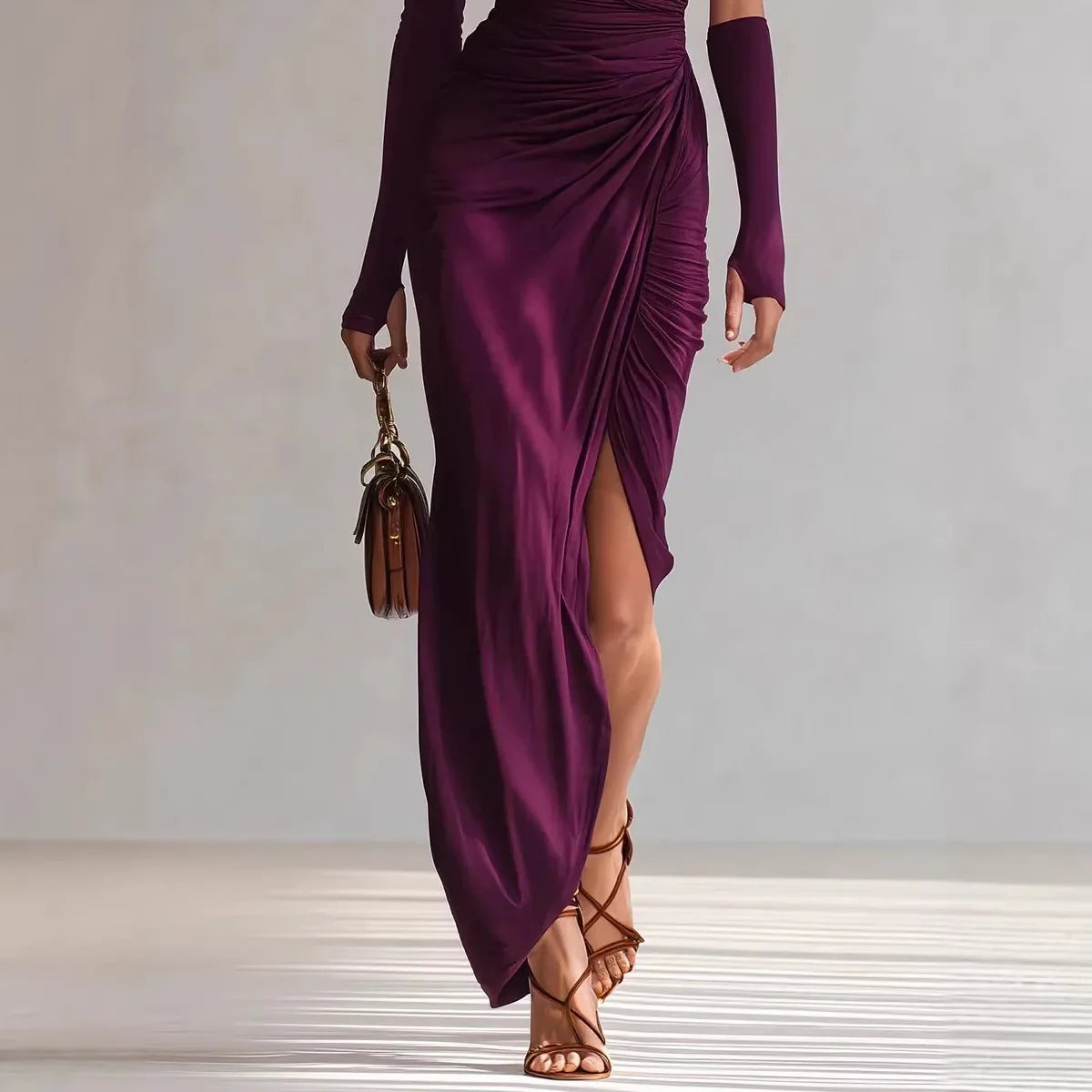 Women’s Burgundy One Shoulder Satin Maxi Dress | Ruched Asymmetrical Evening Gown with Long Sleeve for Weddings, Galas & Formal Events