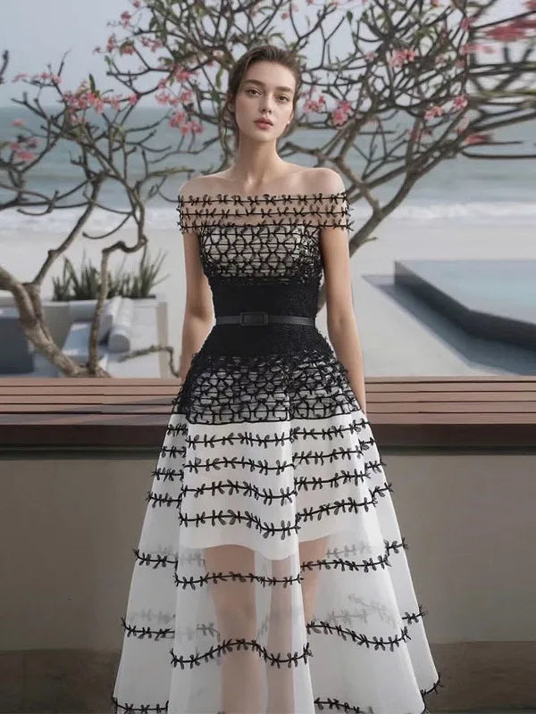 Off Shoulder A Line Midi Dress Women | Sheer Mesh Elegant Party Dress
