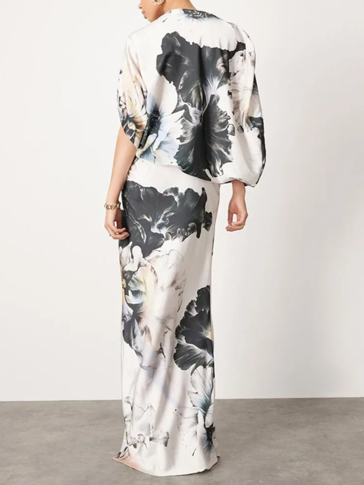 Women’s Black & White Floral Maxi Dress | Elegant One Shoulder Draped Evening Gown with High Slit
