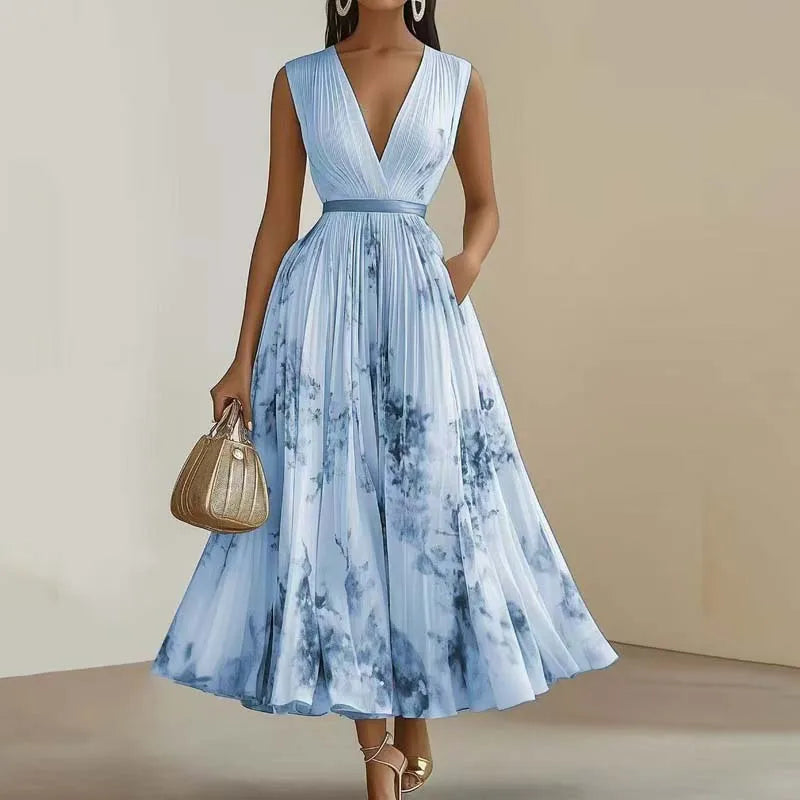 Pleated Midi Dress Women | V Neck Sleeveless A Line Elegant Dress
