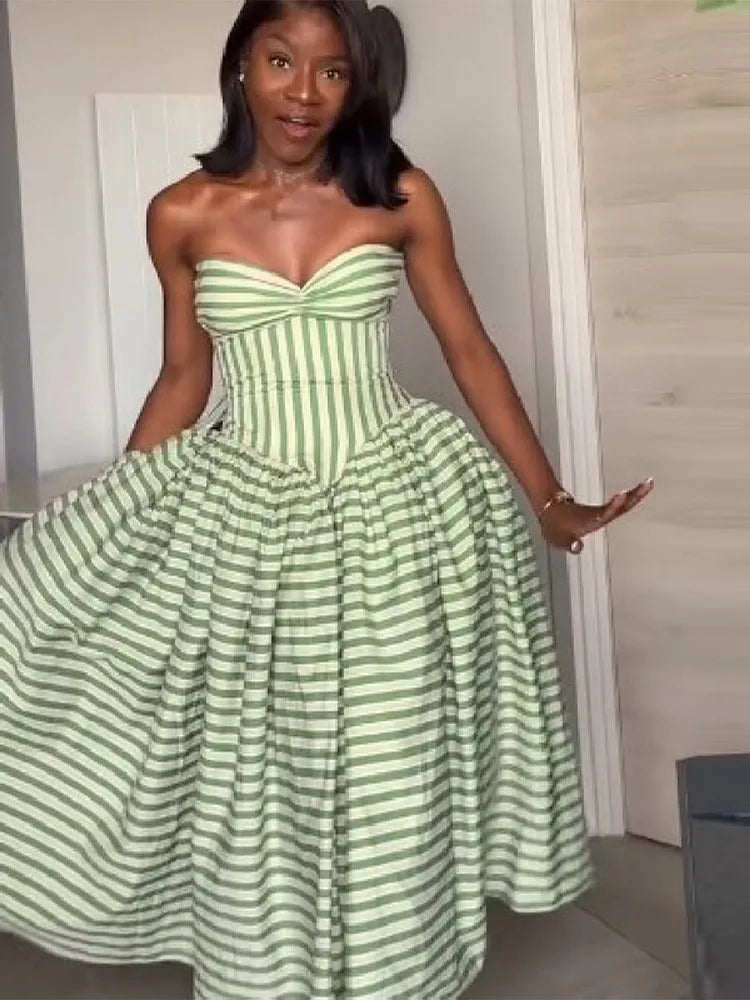 Women’s Sage Green Stripe Corset Midi Dress | Strapless Fit & Flare Ball Gown Dress for Garden Parties, Tea Parties & Special Occasions