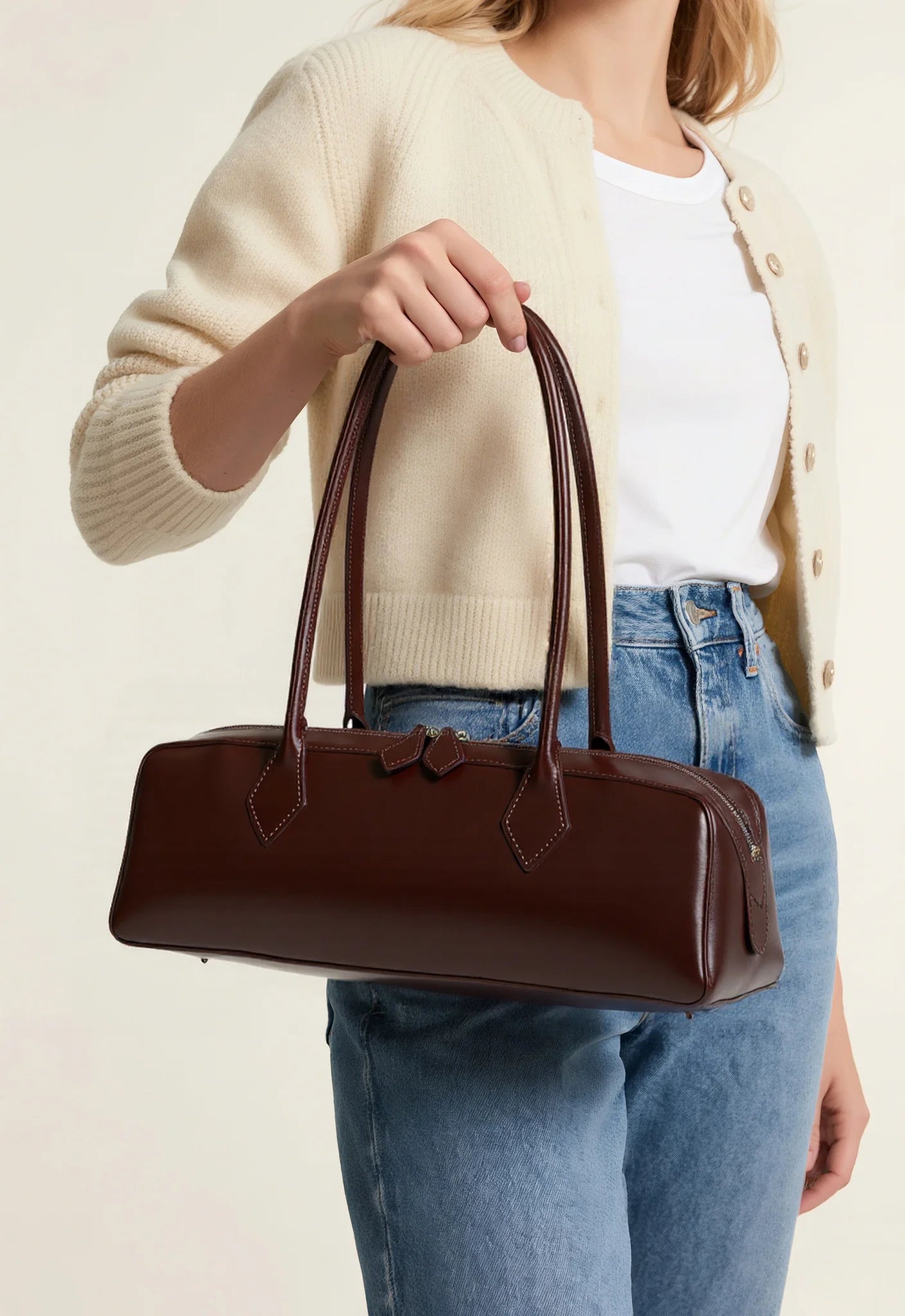 Vintage Leather Shoulder Bag for Women | Elegant Top Handle Handbag | Minimalist Baguette Purse | Fashion Everyday Tote