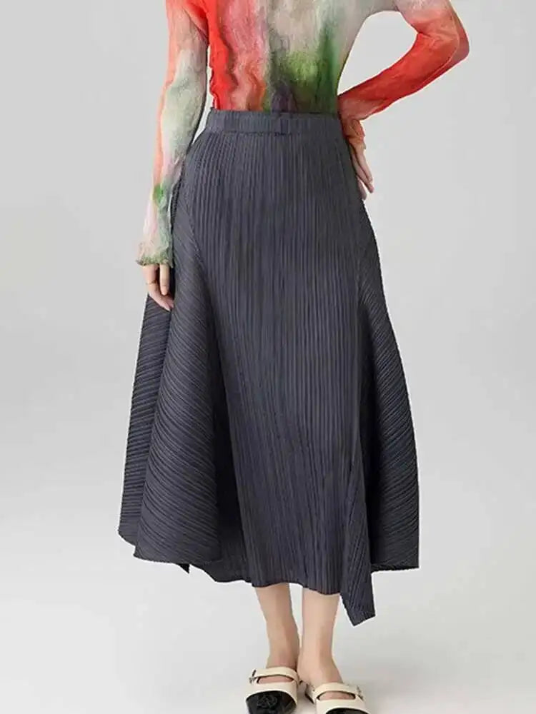 Women Asymmetrical Pleated Midi Skirt High Waist Elegant A Line Skirt