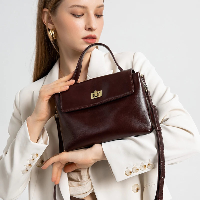 Vintage Leather Satchel Bag for Women | Elegant Top Handle Crossbody Handbag | Designer Shoulder Purse | Everyday Fashion Tote