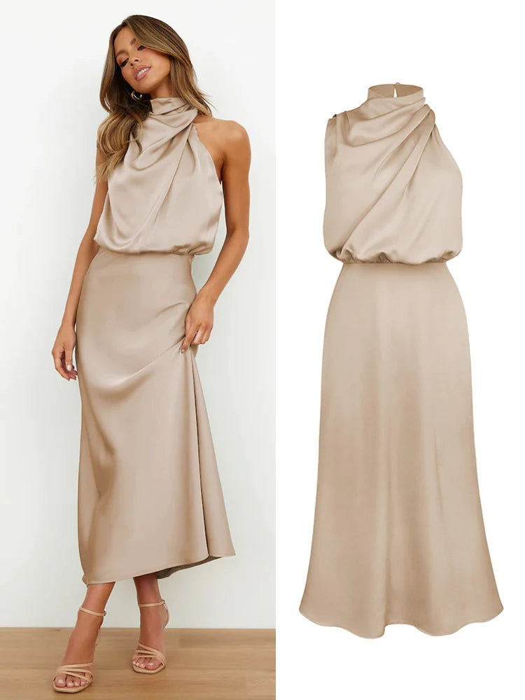 High Neck Satin Maxi Dress Women | Sleeveless Elegant Evening Dress