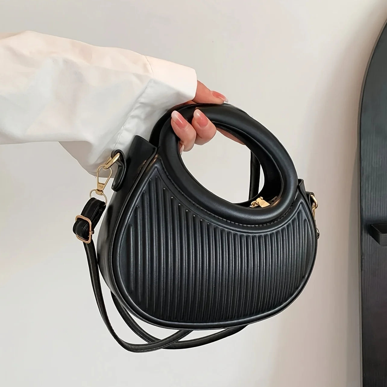 Black Round Handle Handbag for Women | Modern Ribbed Crossbody Purse | Elegant Mini Shoulder Satchel