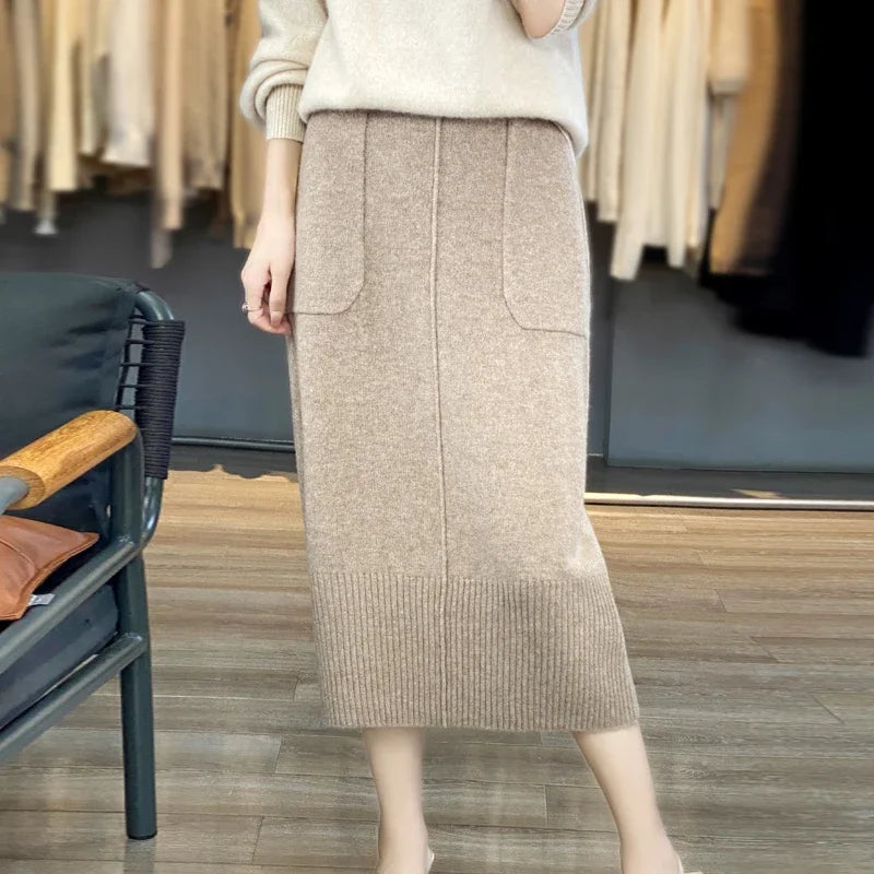 Women Ribbed Knit Midi Skirt High Waist Pocket Detail Straight Skirt