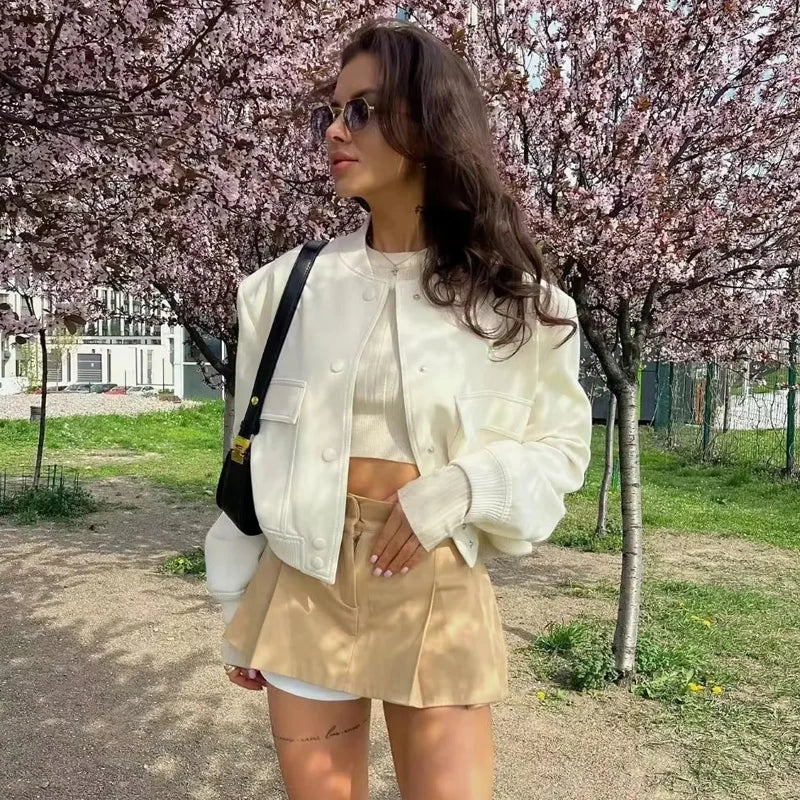 Women’s Minimalist Cropped Bomber Jacket | Elegant Casual Zip-Up Coat