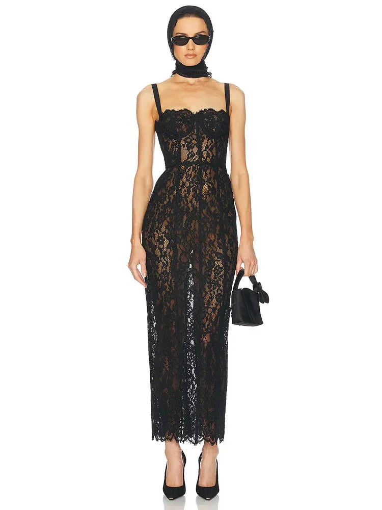 Women’s Sheer Lace Maxi Dress | Elegant Corset Bodycon Evening Dress for Cocktail Parties & Formal Events