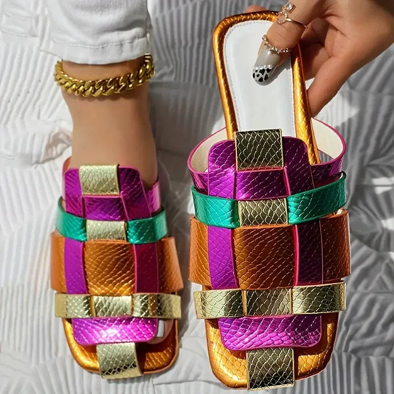 Women’s Multicolor Slide Sandals – Trendy Metallic Flat Slippers for Casual, Beach & Summer Wear