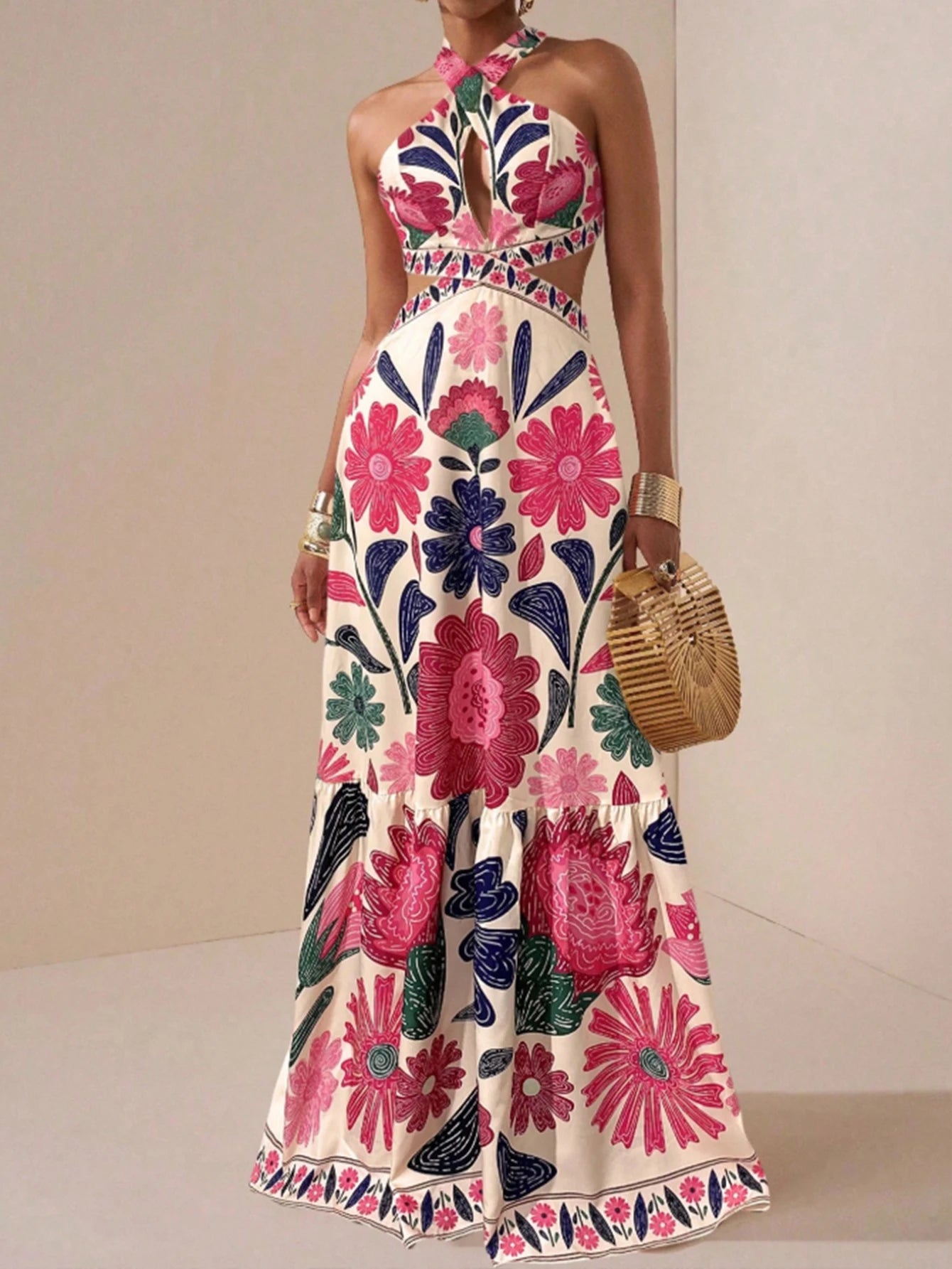 Floral Print Halter Neck Maxi Dress Women | A Line Cut Out Evening Dress