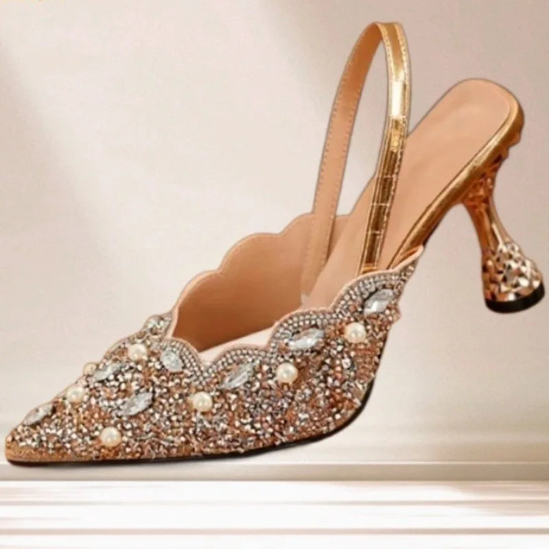 Women’s Luxury Pearl Rhinestone Slingback Heels – Crystal Pointed Toe Stiletto Pumps for Wedding, Bridal & Evening Party Wear