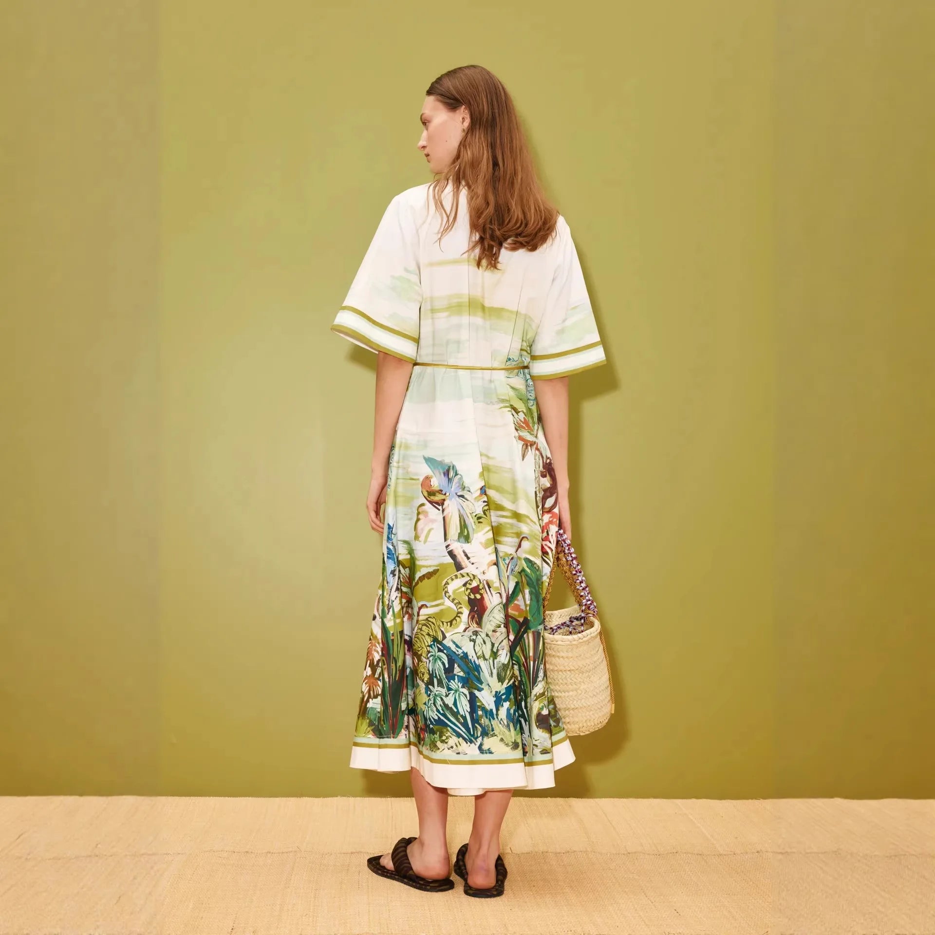 Women’s Tropical Print Midi Dress | Elegant Resort Shirt Dress with Belted Waist