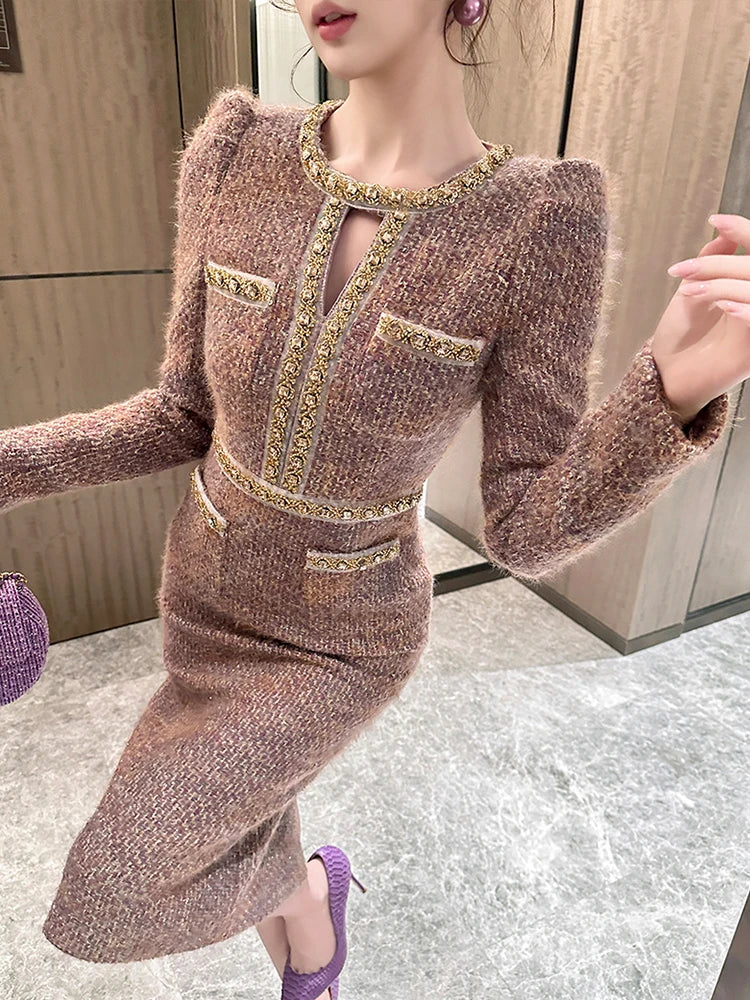 Luxury Tweed Midi Dress Women | Gold Trim Long Sleeve Elegant Bodycon Dress