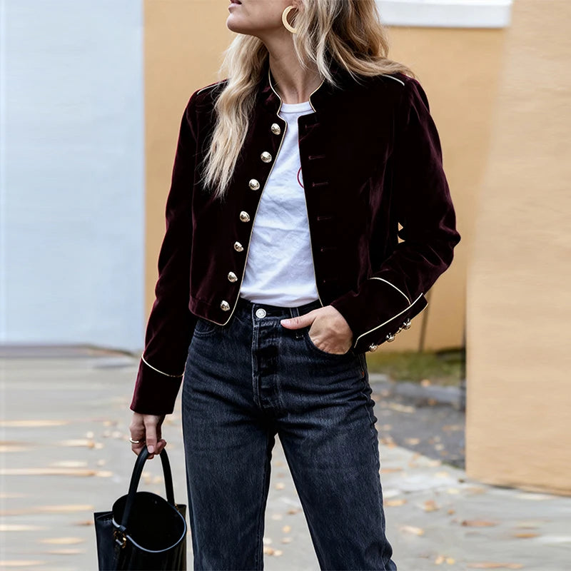 Women’s Velvet Military Jacket | Elegant Cropped Button Blazer Coat