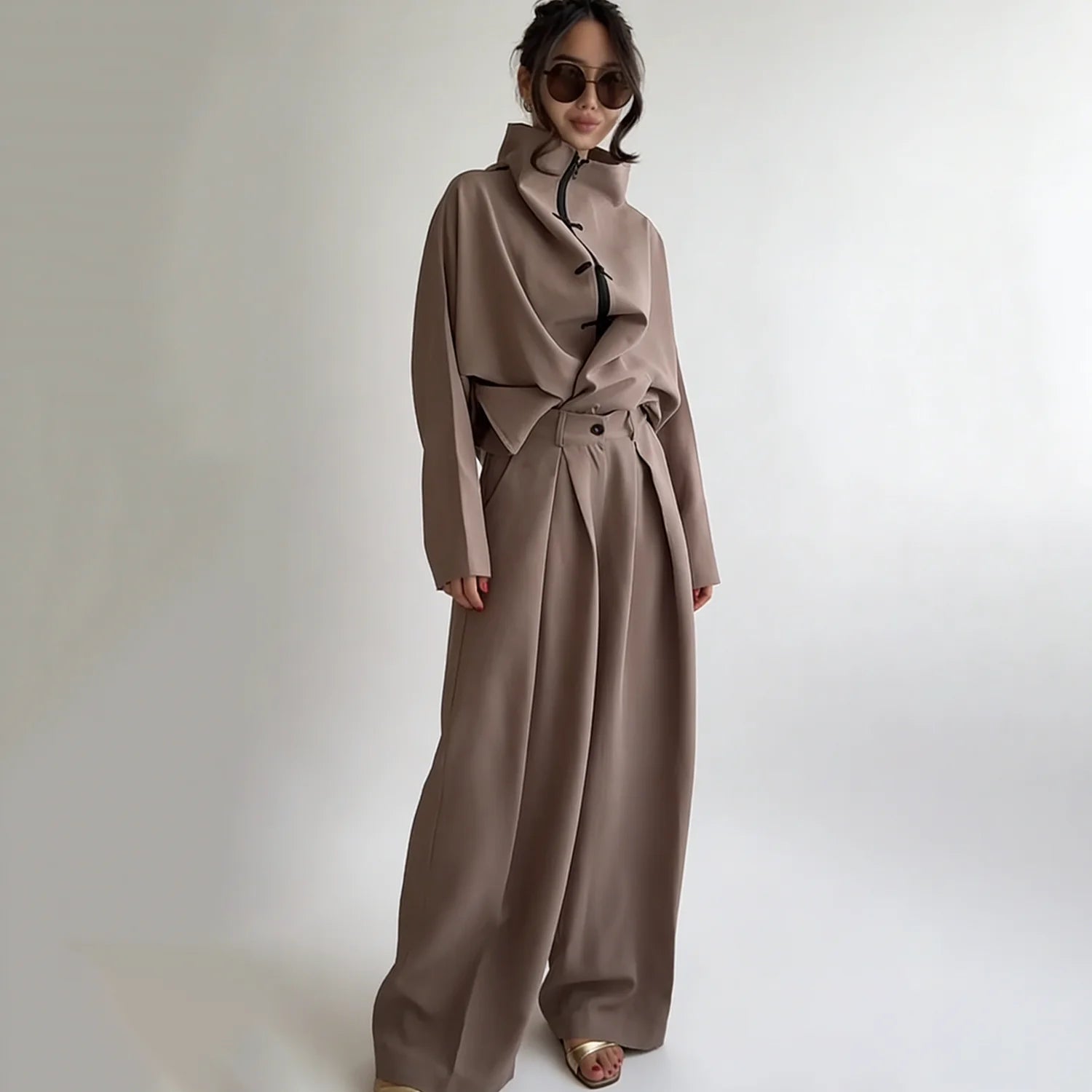 Women's Oversized High Neck Top & Wide Leg Trousers Co-Ord Set | Minimalist Relaxed Two Piece Outfit