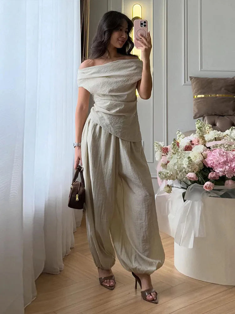 Women's Off Shoulder Draped Top & Wide Leg Trousers Co-Ord Set | Elegant Resort Two Piece Outfit