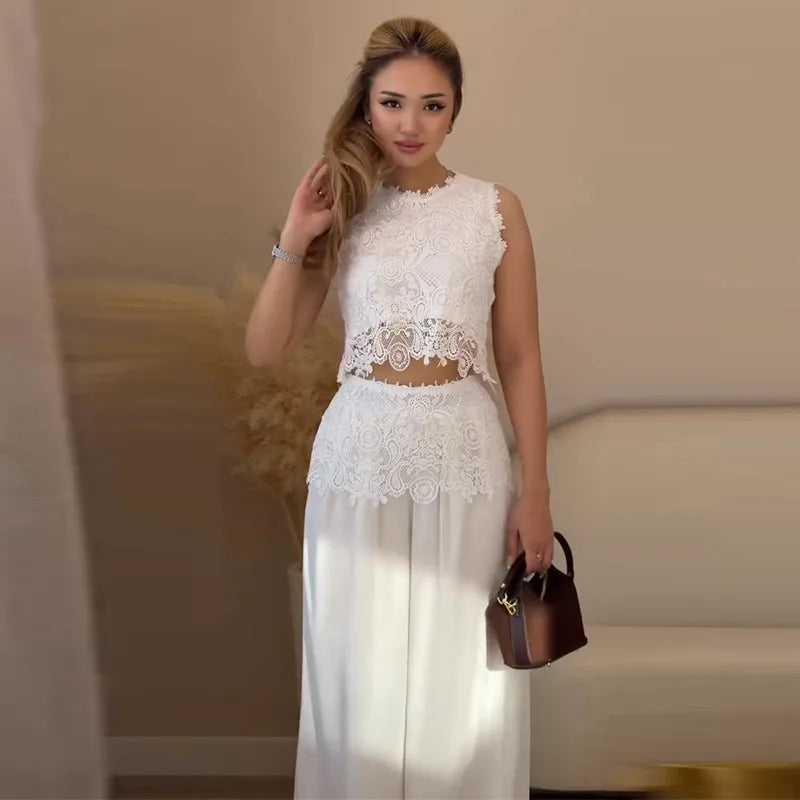 Women's Lace Peplum Top & Wide Leg Trousers Co-Ord Set | Elegant Occasion Two Piece Outfit